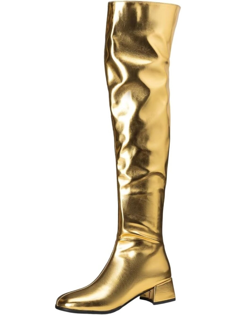 Women's Long Gold Chunky Low Heel Square Toe Full Back Zipper Knee High Boots